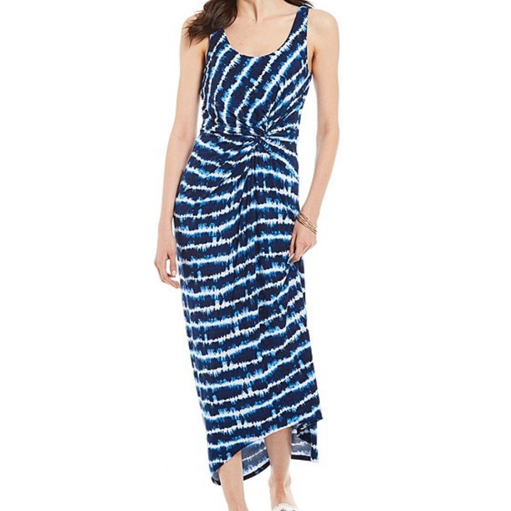 Sleeveless Blue Tie-Dye Maxi Dress with Twist Front